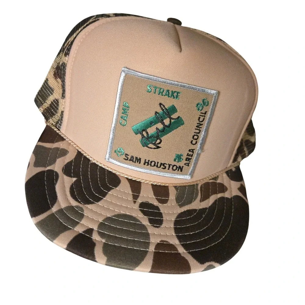 VTG 1986 BSA Strake Camp Bill  Name Patch Hat Deadstock Nissin Camo Mesh Trucker